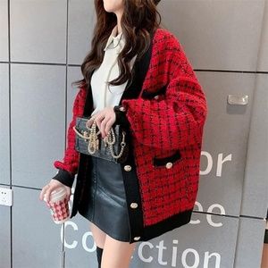 Korean Fashion Red Tweed Sweater Cardigan Jumper